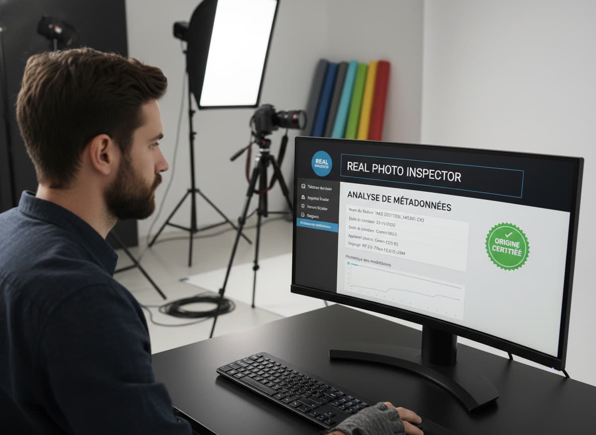Un photographe professionnel, vu de dos, utilise un logiciel d'analyse de métadonnées sur un grand écran dans un studio photographique.