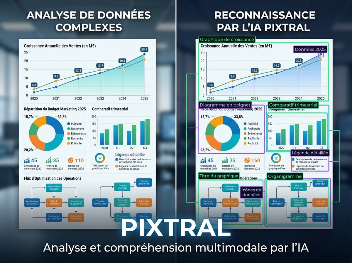 Split-screen montrant à gauche une infographie complexe avec graphiques et diagrammes, à droite l'IA Pixtral identifie et étiquette des éléments avec des annotations en français comme 'Graphique de croissance' et 'Données 2025', texte 'PIXTRAL' superposé.