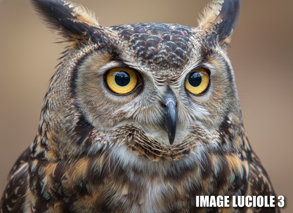 Gros plan hyperréaliste d'un hibou aux plumes irisées, éclairage studio professionnel, fond neutre, avec texte 'FIREFLY IMAGE 3' en superposition.