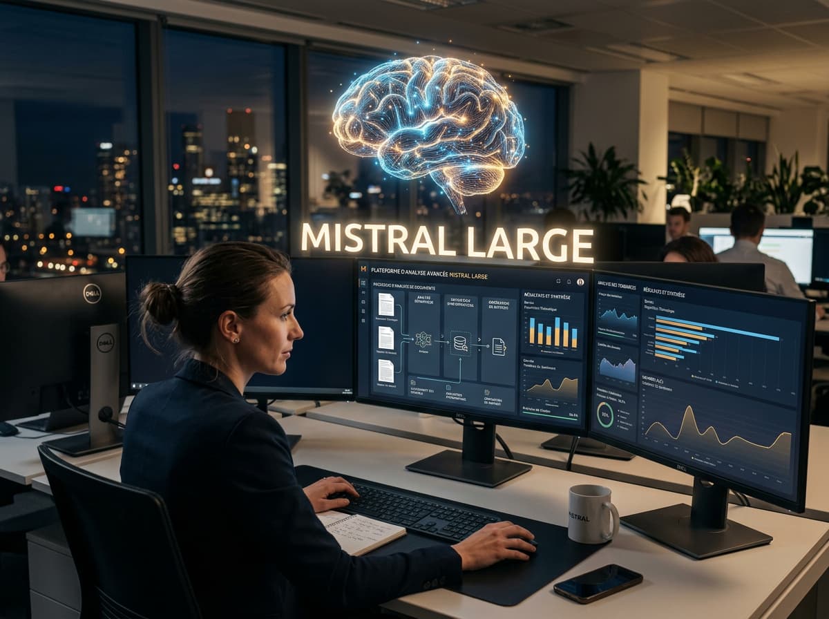 Un bureau professionnel avec un poste de travail haut de gamme affichant une interface d'analyse de données, un icône de cerveau lumineux flottant au-dessus de l'écran, et le texte 'MISTRAL LARGE' en superposition.