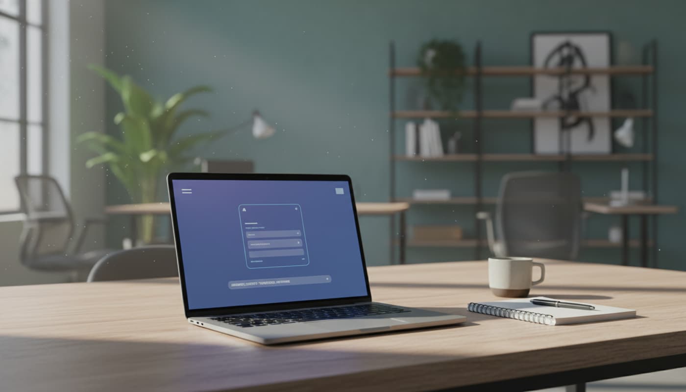 Un ordinateur portable ouvert sur un bureau en bois affiche une interface de chat IA lumineuse, avec un arrière-plan flou de bureau design.