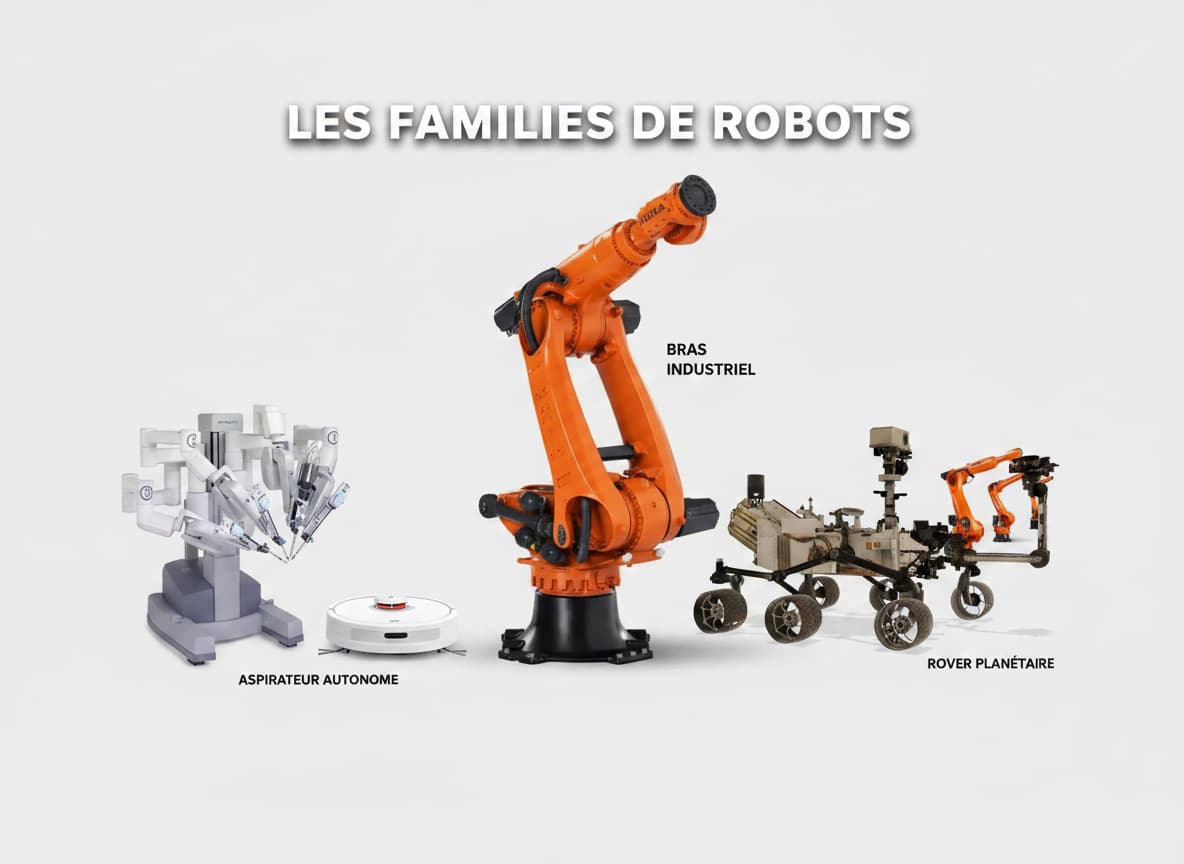 Un robot chirurgical blanc, un bras industriel orange, un aspirateur circulaire et un rover à six roues sont alignés avec le texte Les familles de robots.