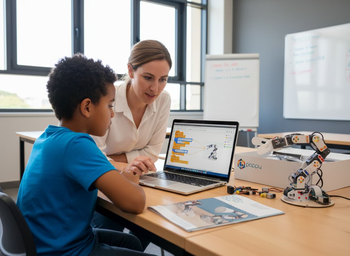 Un élève et son professeur programment un robot Poppy via une interface en français sur un ordinateur portable dans une salle de classe ensoleillée.