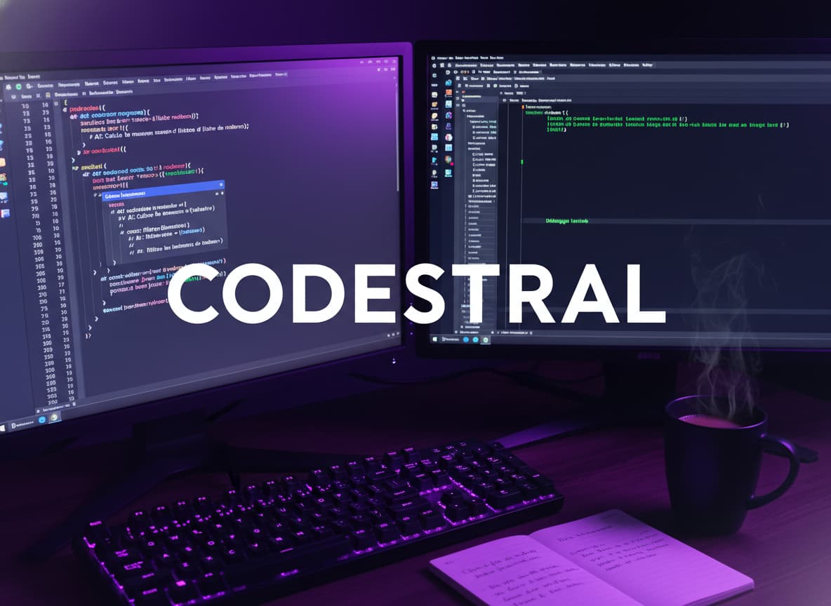 Bureau de développeur avec deux écrans d'ordinateur affichant du code Python et JavaScript, éclairé par des lumières néon violettes et bleues, une tasse de café et un clavier mécanique, avec les textes 'Débogage terminé' sur le terminal et 'CODESTRAL' superposé.