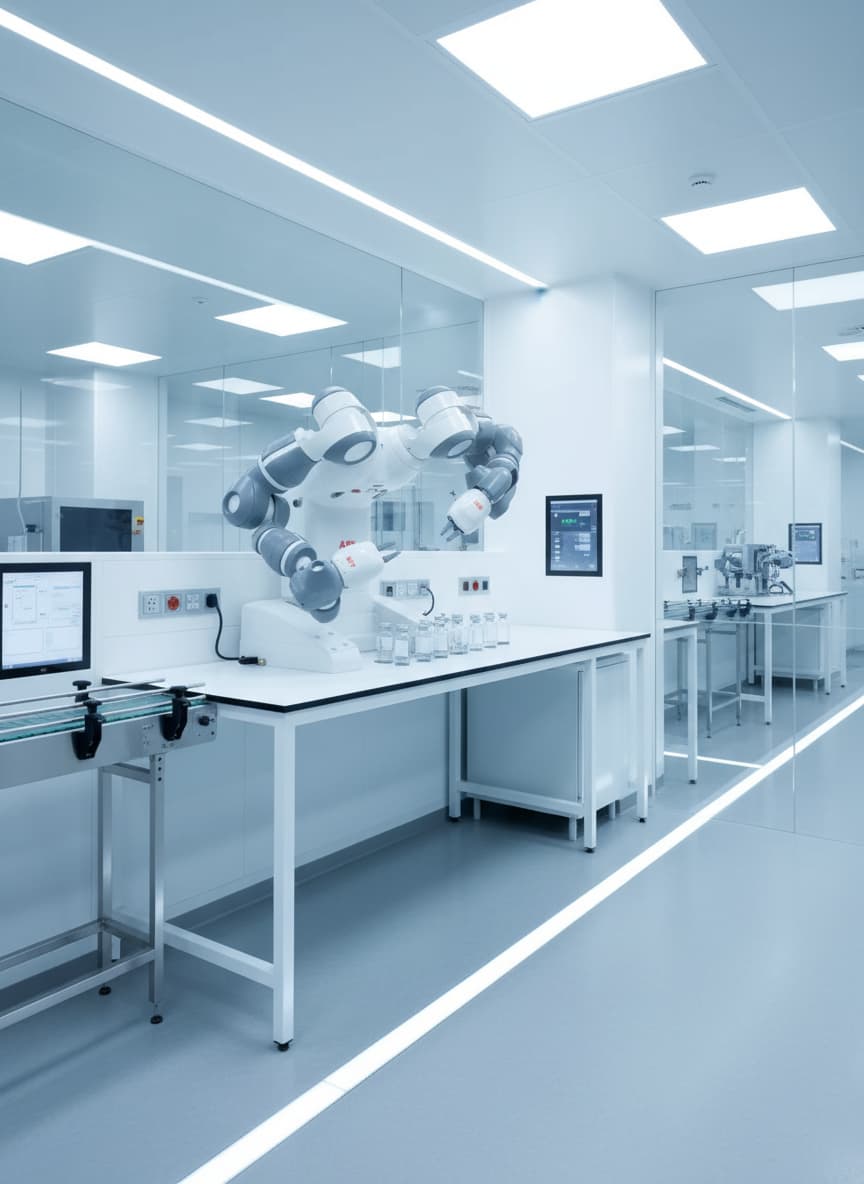 Un robot blanc ABB à deux bras manipule avec précision des petits flacons dans un laboratoire pharmaceutique stérile et moderne à l'éclairage uniforme.