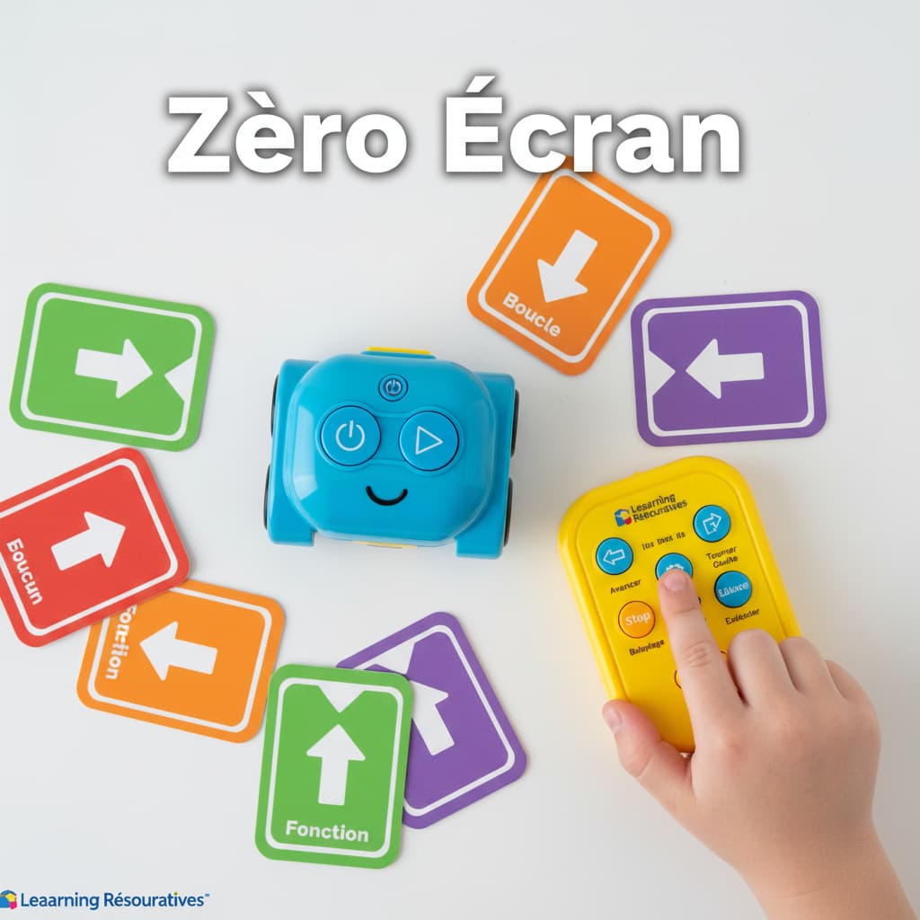 Robot Botley 2.0 bleu avec cartes de codage fléchées sur fond blanc, main d'enfant utilisant télécommande jaune et texte Zéro Écran.