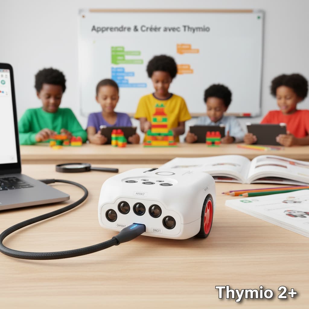 Robot éducatif Thymio 2+ posé sur un bureau et connecté par USB, mettant en avant ses capteurs frontaux avec le texte Thymio 2+ en surimpression.