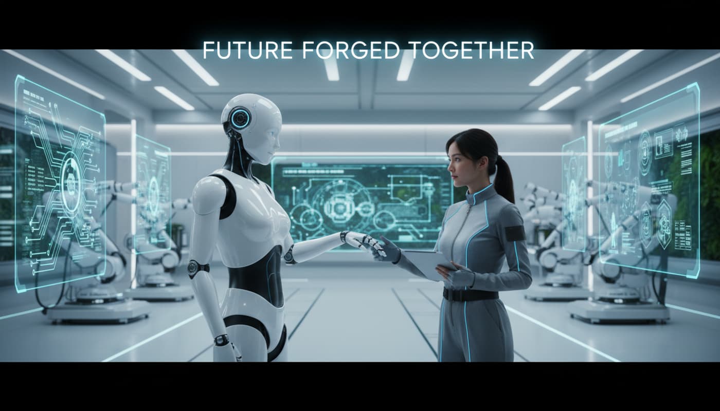Un robot humanoïde blanc et un ingénieur collaborent dans un laboratoire de haute technologie aux éclairages bleutés et motifs de circuits numériques.
