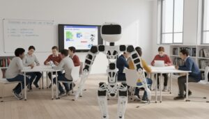 Robot humanoïde Poppy blanc aux articulations modulables dans une salle de classe moderne où des étudiants collaborent.