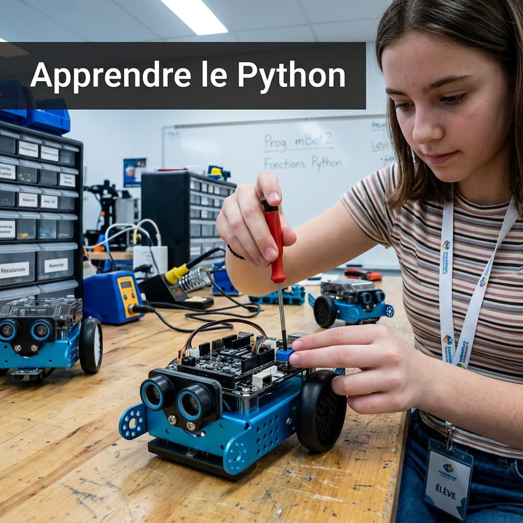 Un adolescent ajuste les composants d'un robot mBot2 au châssis bleu dans un laboratoire scolaire, sous une bannière indiquant Apprendre le Python.