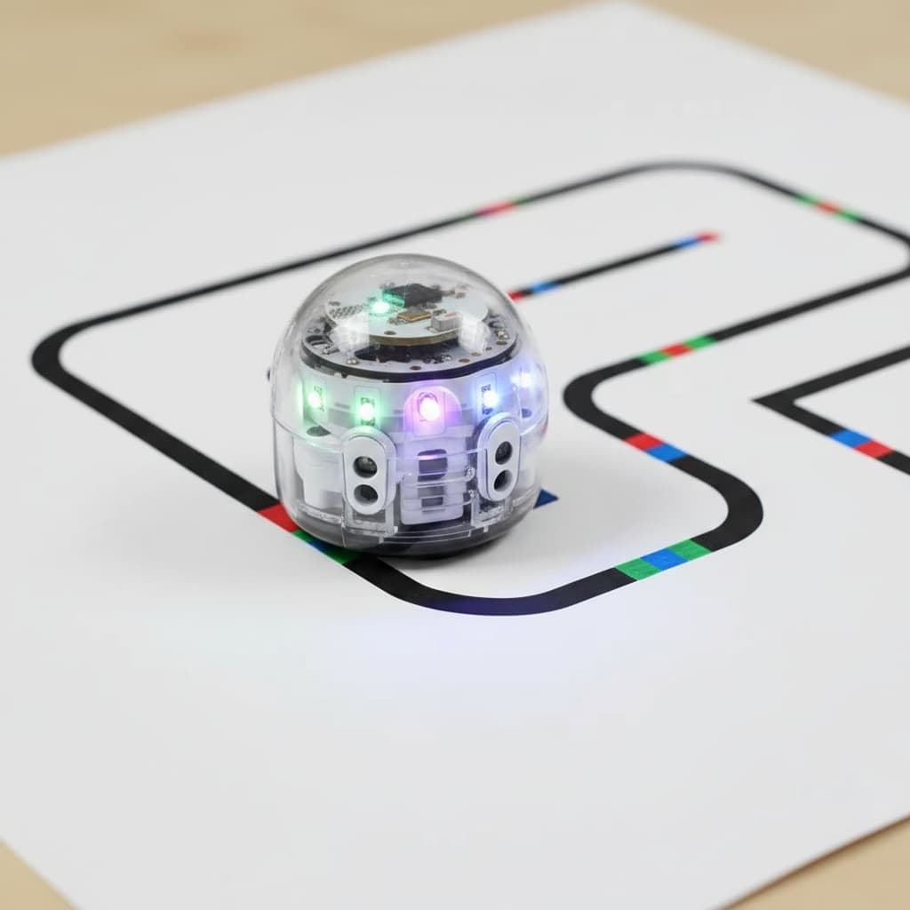 Petit robot blanc Ozobot Evo au sommet LED brillant circulant sur une ligne noire tracée sur papier blanc avec des segments bleus, verts et rouges.