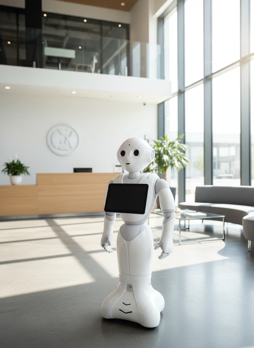 Le robot Pepper de SoftBank Robotics interagit avec sa tablette tactile intégrée dans le hall lumineux et moderne d'un bureau d'entreprise.