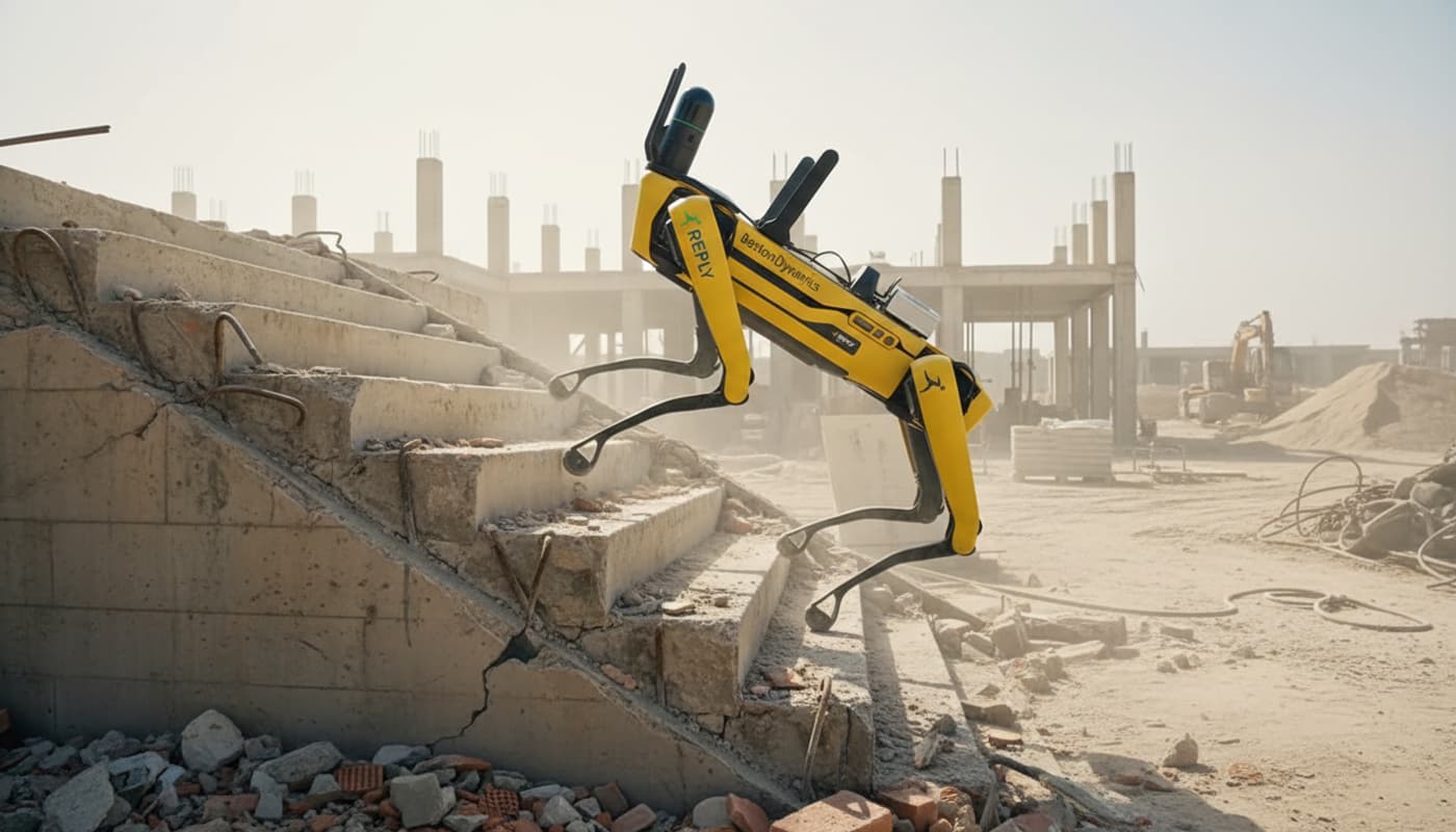 Le robot quadrupède Spot de Boston Dynamics aux couleurs jaune et noire franchit des décombres et des escaliers sur un chantier de construction industriel.