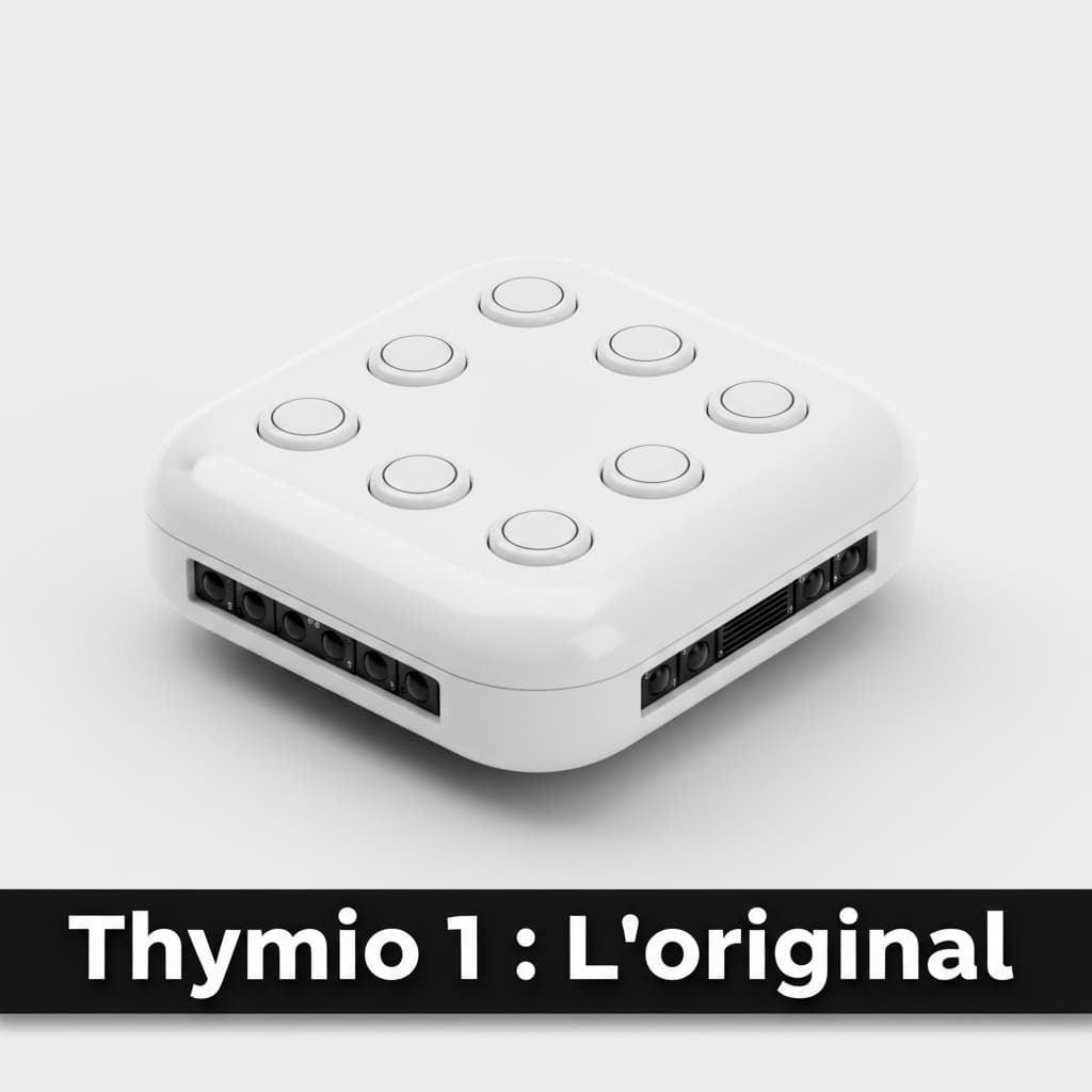 Robot éducatif Thymio 1 de première génération vu de trois-quarts sur fond blanc avec l'inscription textuelle Thymio 1 : L'original.