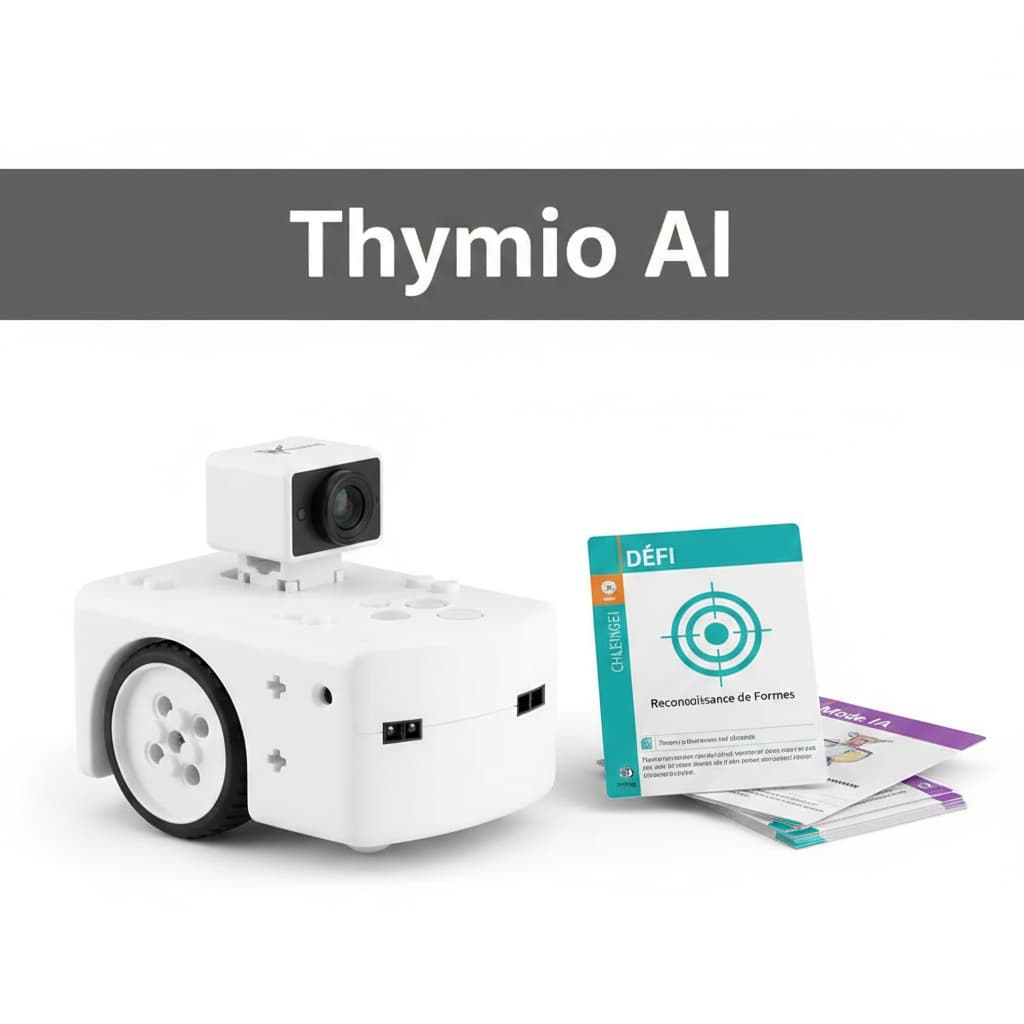 Robot blanc Thymio AI avec son module caméra sur le dessus posé près de cartes de reconnaissance en français avec une inscription textuelle Thymio AI.