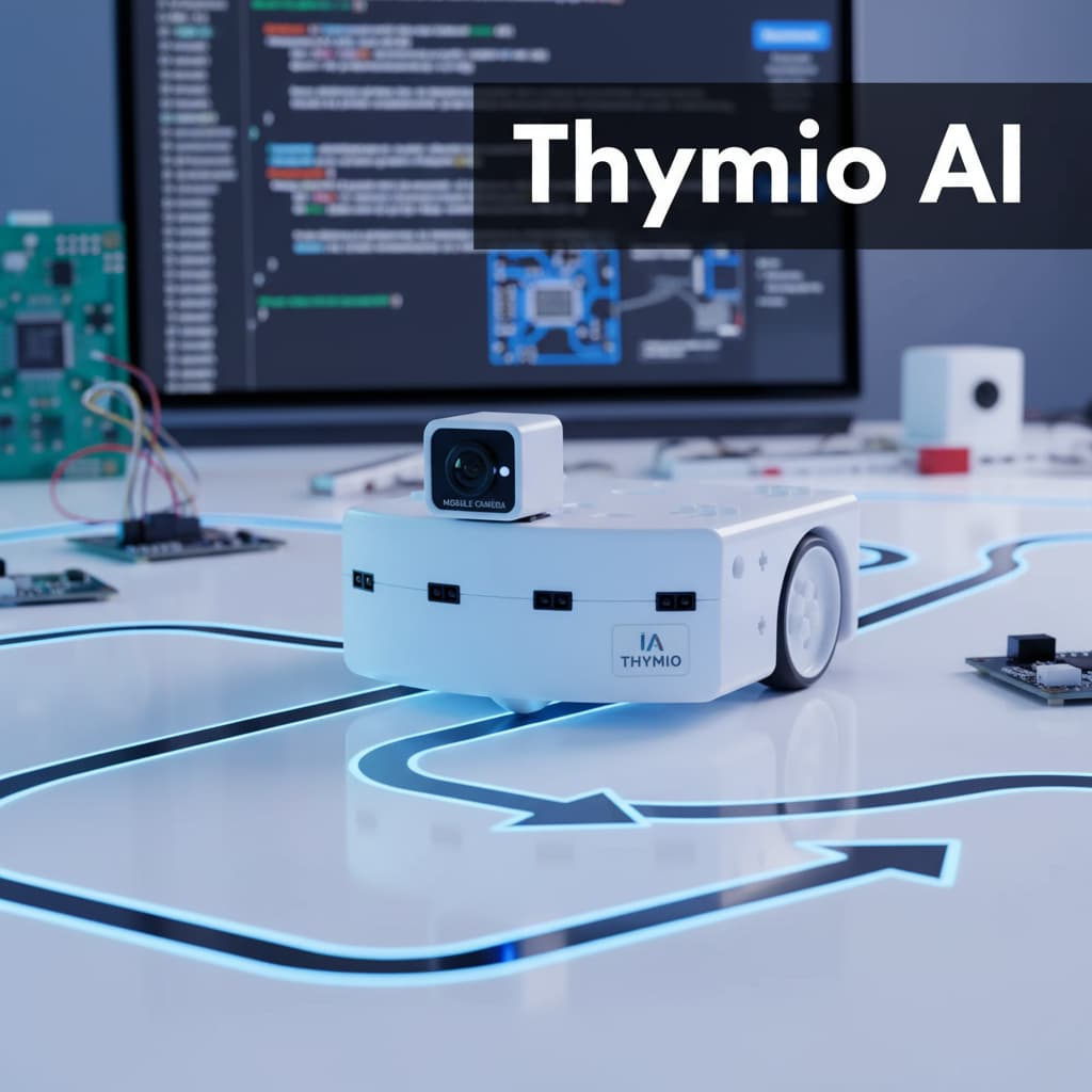 Robot Thymio AI blanc équipé d'un module caméra suivant un tracé au sol dans un environnement d'apprentissage technologique aux tons froids.