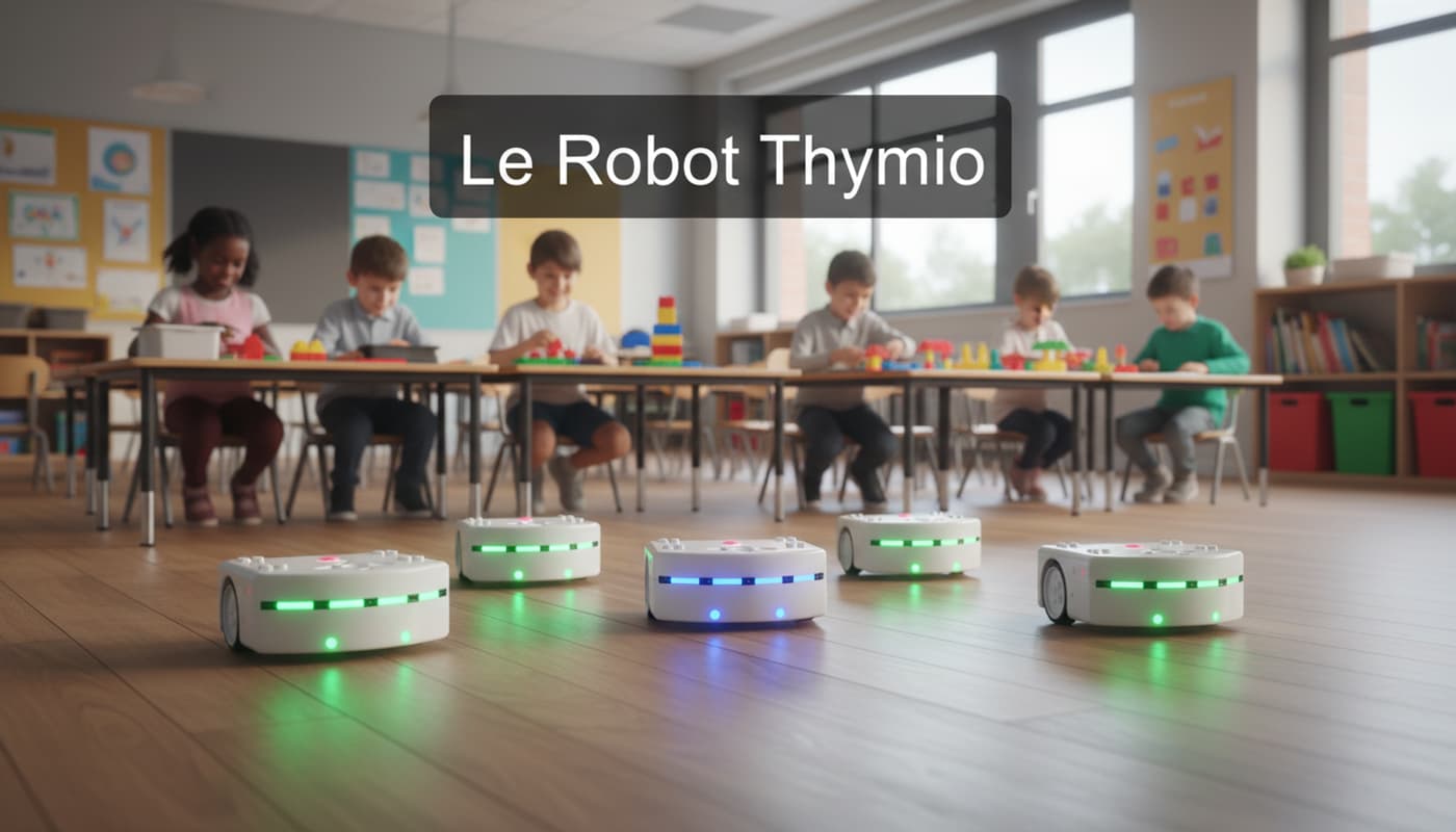 Robots éducatifs Thymio blancs avec voyants LED colorés sur un parquet lumineux devant des enfants flous en salle de classe.