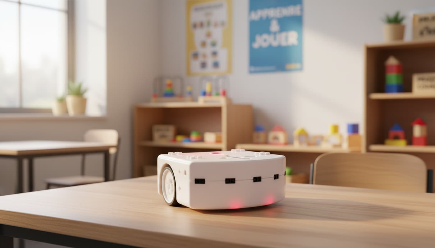 Le robot blanc Thymio est disposé sur un bureau en bois clair au cœur d'une salle de classe primaire moderne baignée d'une douce lumière matinale.