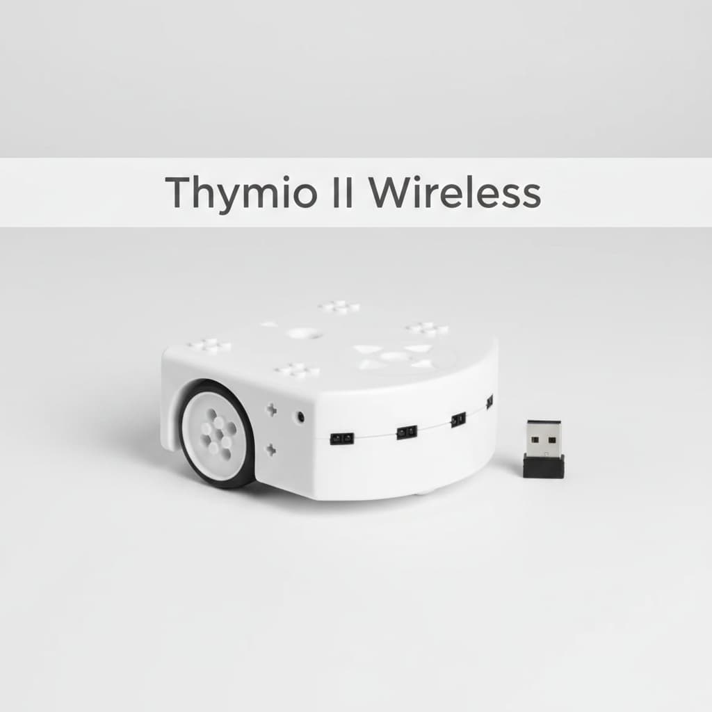 Robot Thymio II Wireless blanc avec ses cinq touches de commande et sa clé USB noire disposés sur un fond de studio neutre.