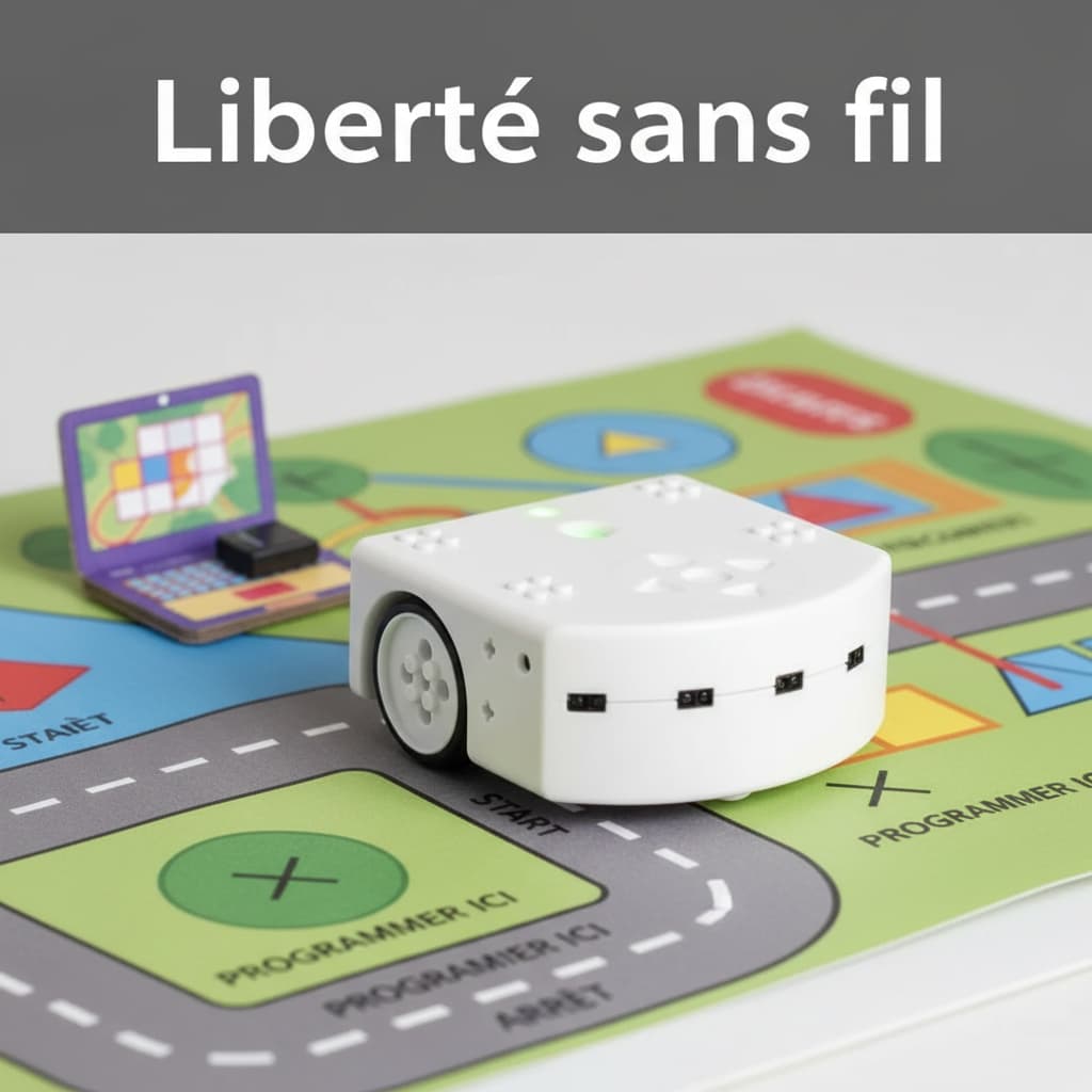 Robot éducatif blanc Thymio II Wireless se déplaçant sur un tapis de jeu multicolore avec ses voyants verts allumés sous l'inscription Liberté sans fil.