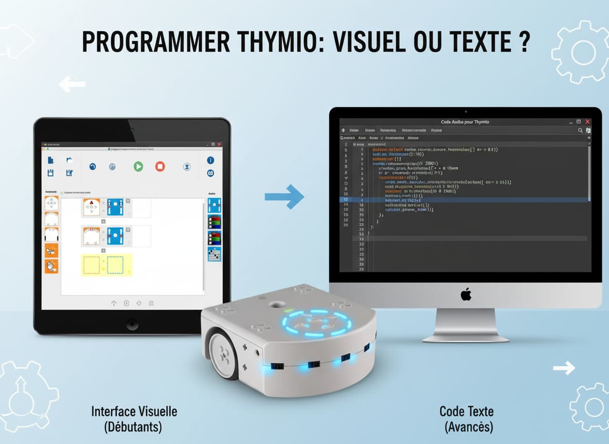 Un robot Thymio illuminé en bleu se trouve entre une tablette affichant des blocs de programmation visuels et un écran d'ordinateur présentant du code textuel.
