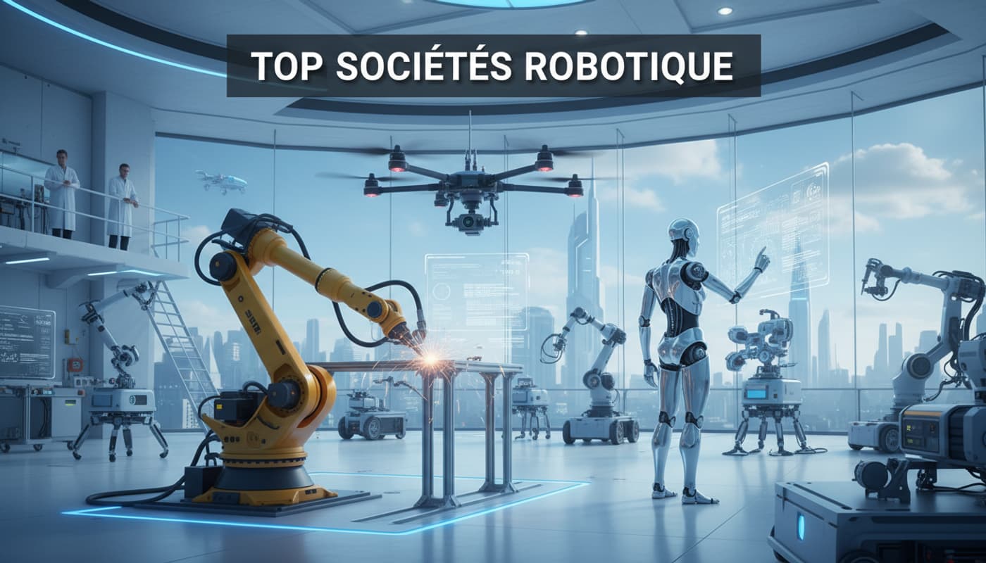 Bras industriel jaune, robot humanoïde et drone professionnel dans un laboratoire high-tech bleuté avec le titre Top Sociétés Robotique.