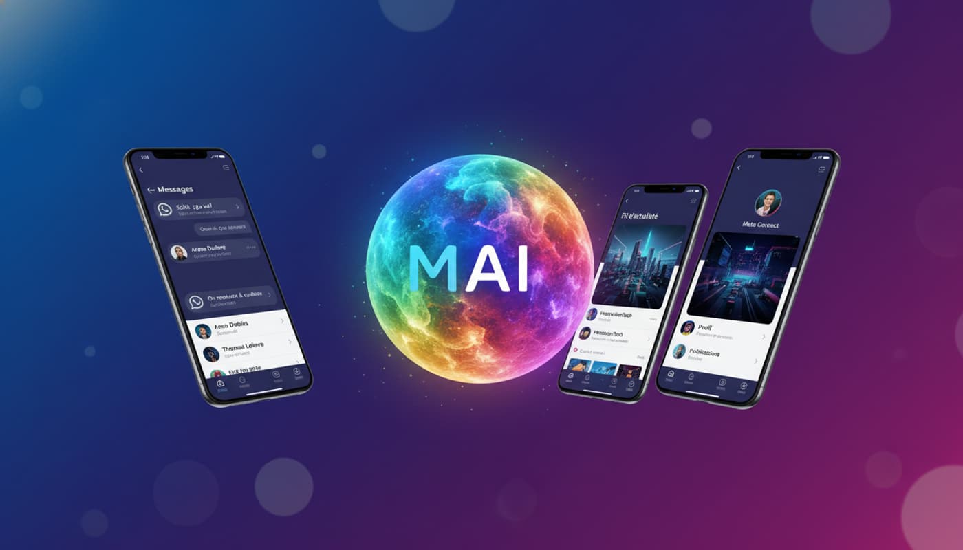 Sphère multicolore lumineuse flottant entre des écrans de smartphones affichant les interfaces d'applications sociales comme WhatsApp et Instagram, sur fond dégradé bleu-violet avec lumières bokeh.