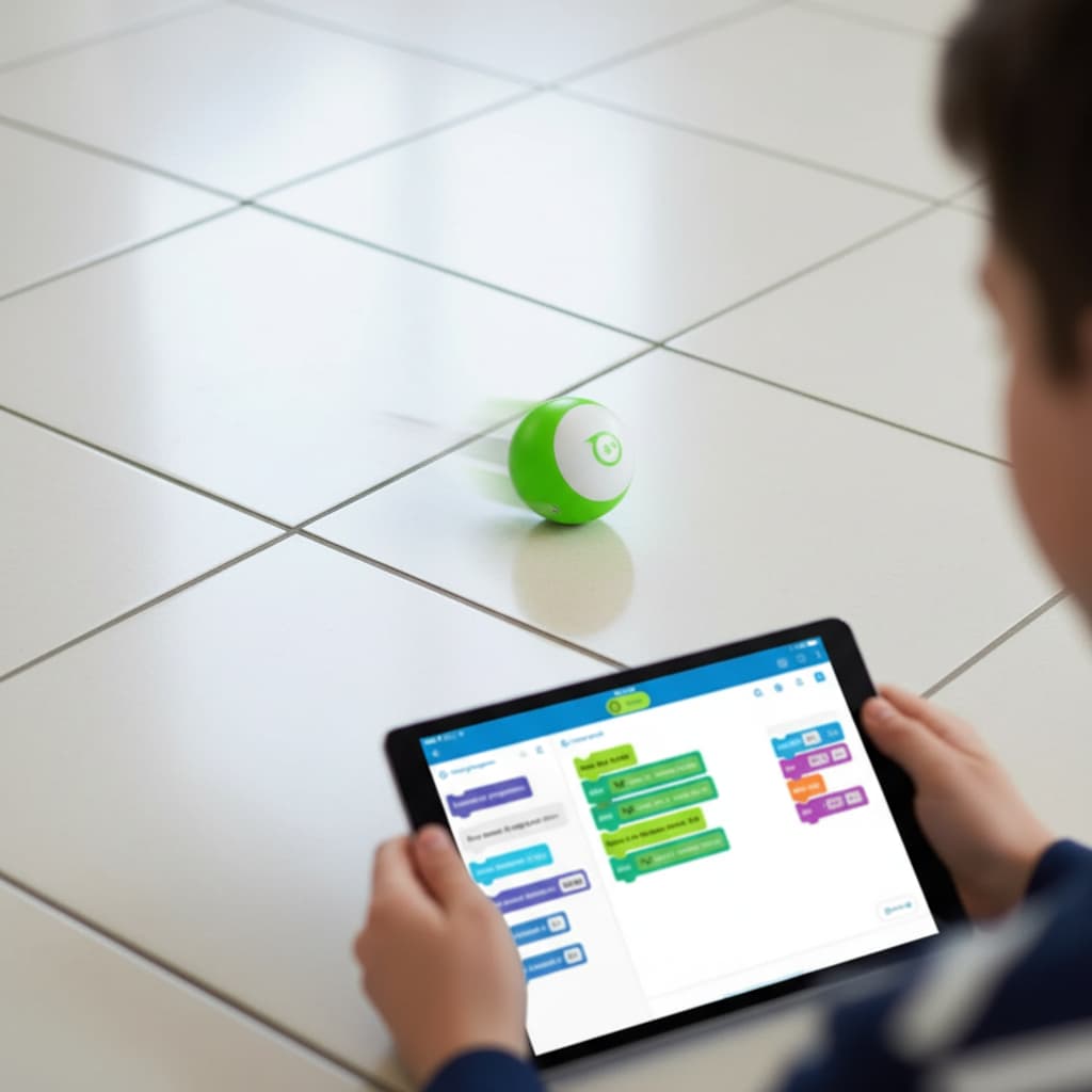 Balle robotisée Sphero Mini vert néon roulant sur carrelage devant enfant tenant tablette avec interface programmation par blocs en français.
