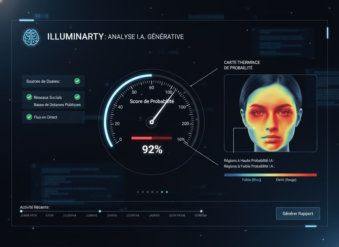 Un tableau de bord d'interface pour Illuminarty affichant une carte thermique superposée sur un portrait, avec un indicateur circulaire de probabilité.