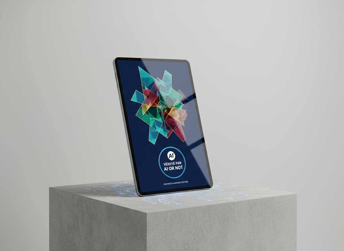 Une tablette numérique sur fond minimaliste affiche une œuvre NFT colorée avec un badge de vérification en français.