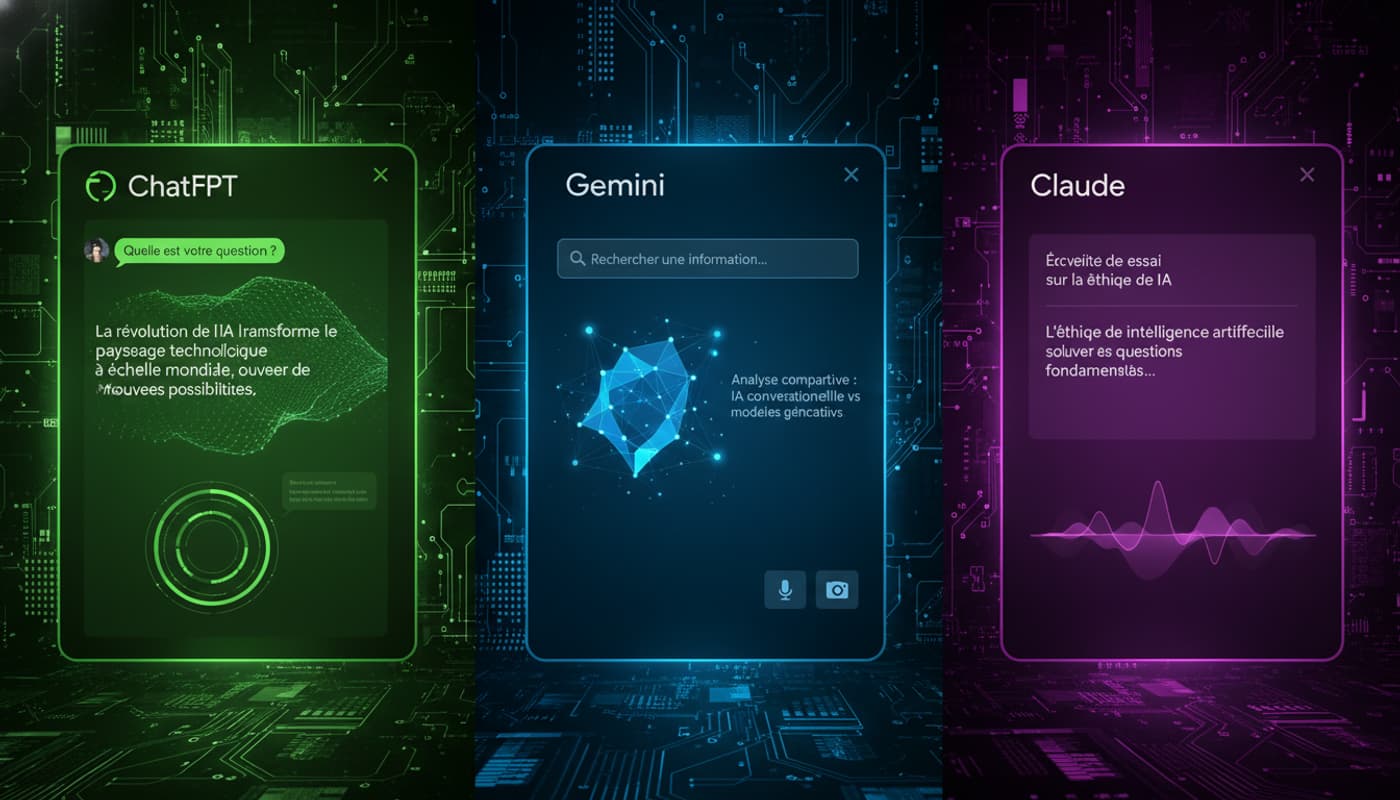 Trois interfaces numériques stylisées pour ChatGPT, Gemini et Claude disposées côte à côte sur un fond sombre, chaque interface affichant des visualisations de données et des styles de réponse uniques dans les tons vert, bleu et violet respectivement, avec des étiquettes en français.