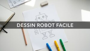 Un dessin de robot minimaliste entouré de crayons et de feutres colorés sur un bureau blanc avec le texte superposé "DESSIN ROBOT FACILE".