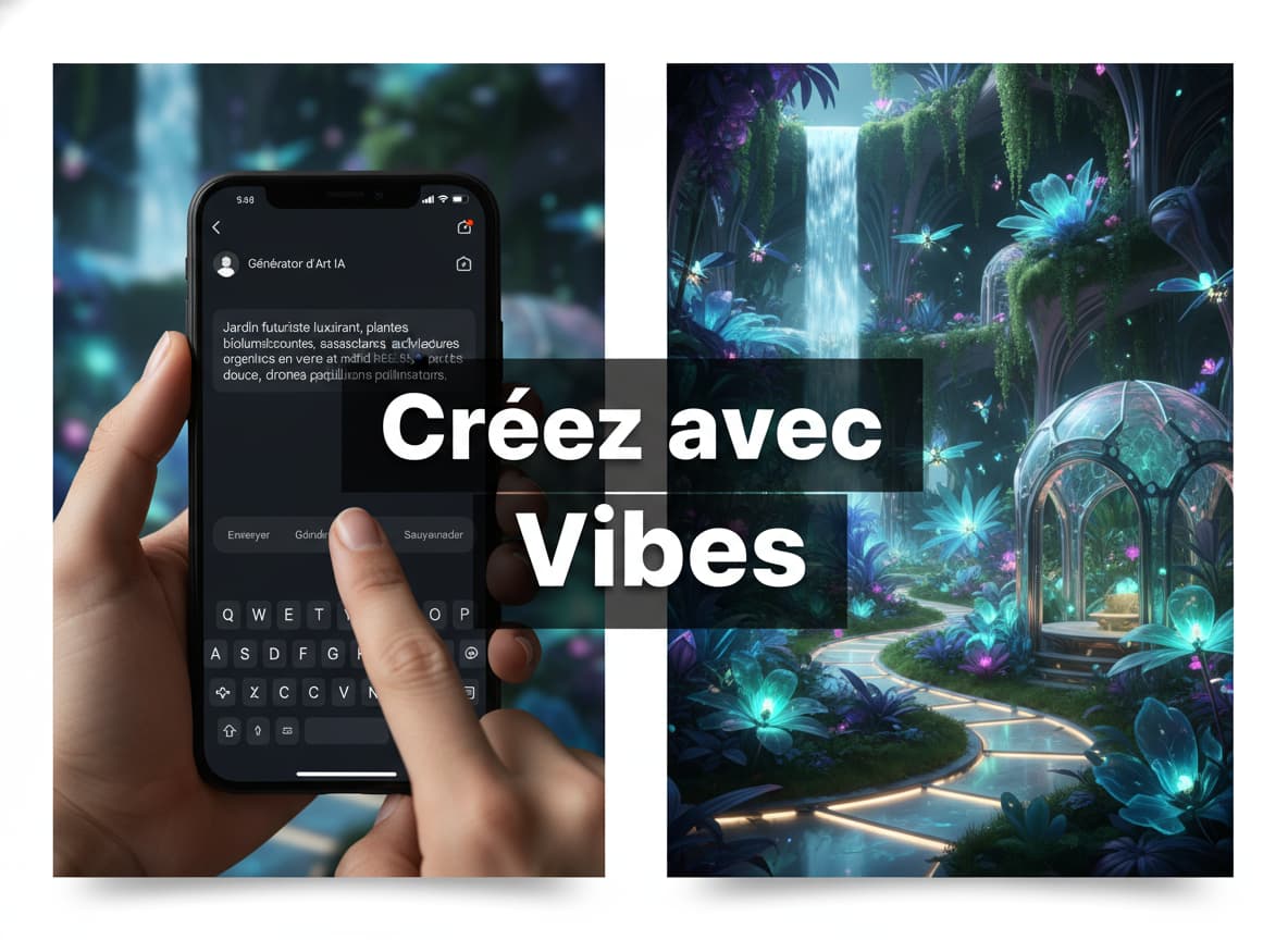 Vue en split-screen montrant à gauche une main tapant une description sur un smartphone et à droite un jardin futuriste en 3D, avec le texte 'Créez avec Vibes' superposé.