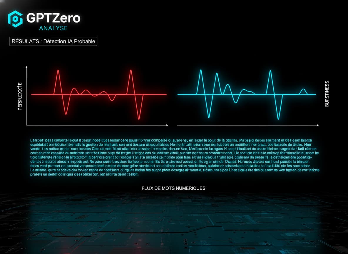 Graphique montrant les courbes de perplexité et de burstiness au-dessus d'un bloc de texte numérique, sur fond sombre avec accents néon.