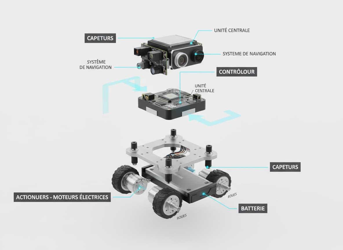 Vue éclatée en trois dimensions d'un robot mobile présentant son architecture interne avec des étiquettes en français sur un fond blanc épuré.