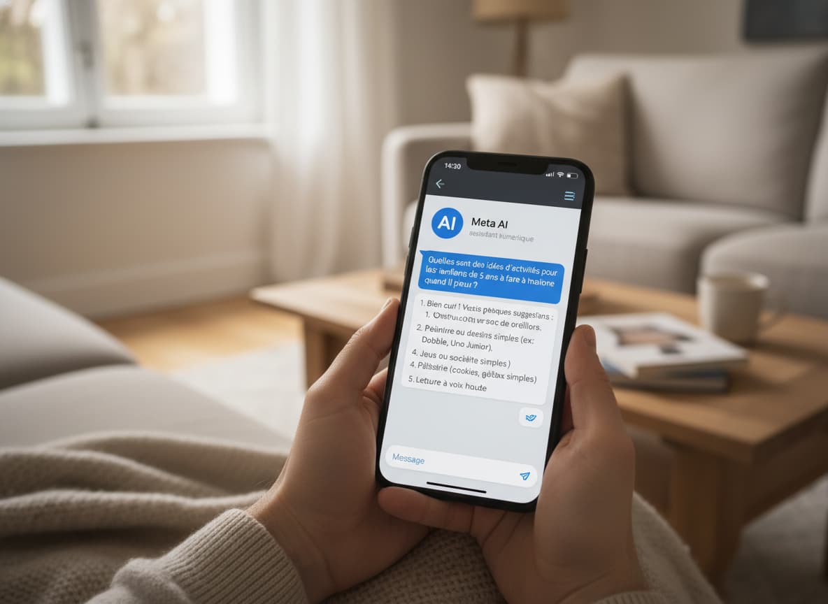 Une main tient un smartphone dans un salon lumineux, l'écran affiche une conversation WhatsApp avec l'assistant Meta AI en français.