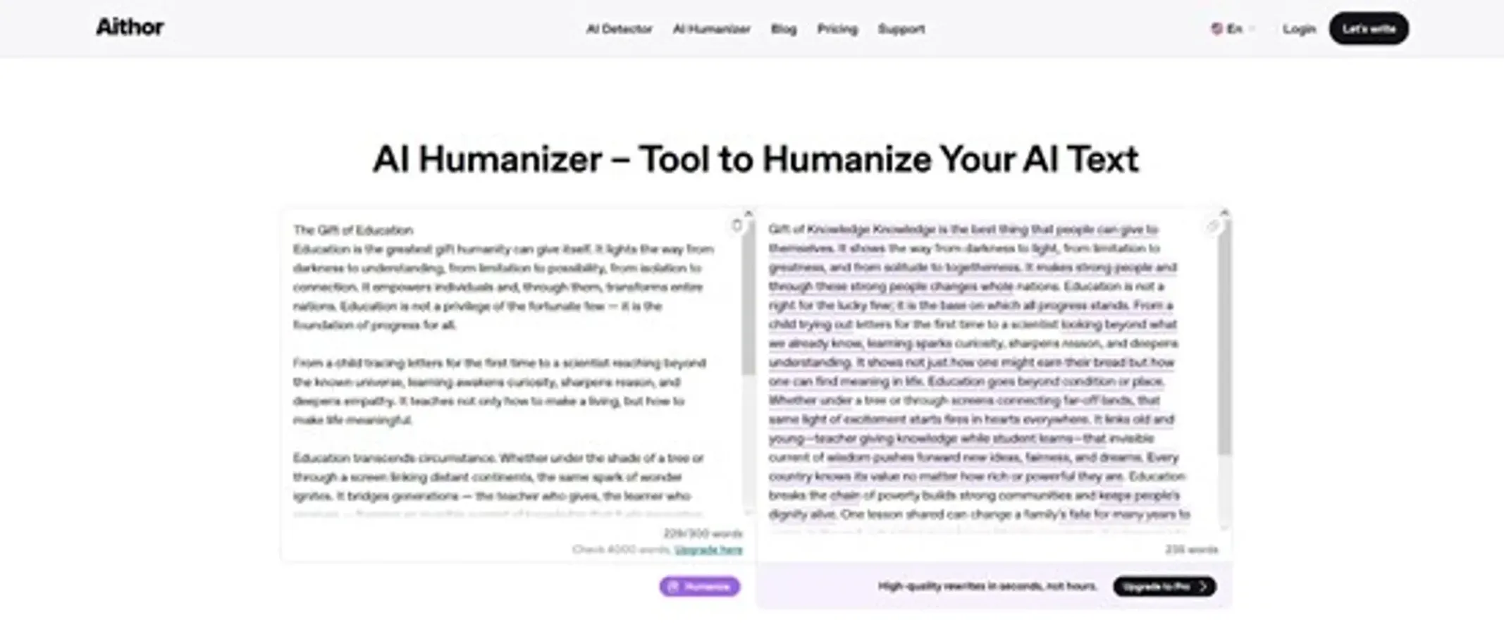Une tablette moderne posée sur un bureau lumineux affiche l'interface de l'outil Aithor AI Humanizer, présentant un texte en français avant et après sa réécriture ainsi qu'un graphique de score d'humanisation.