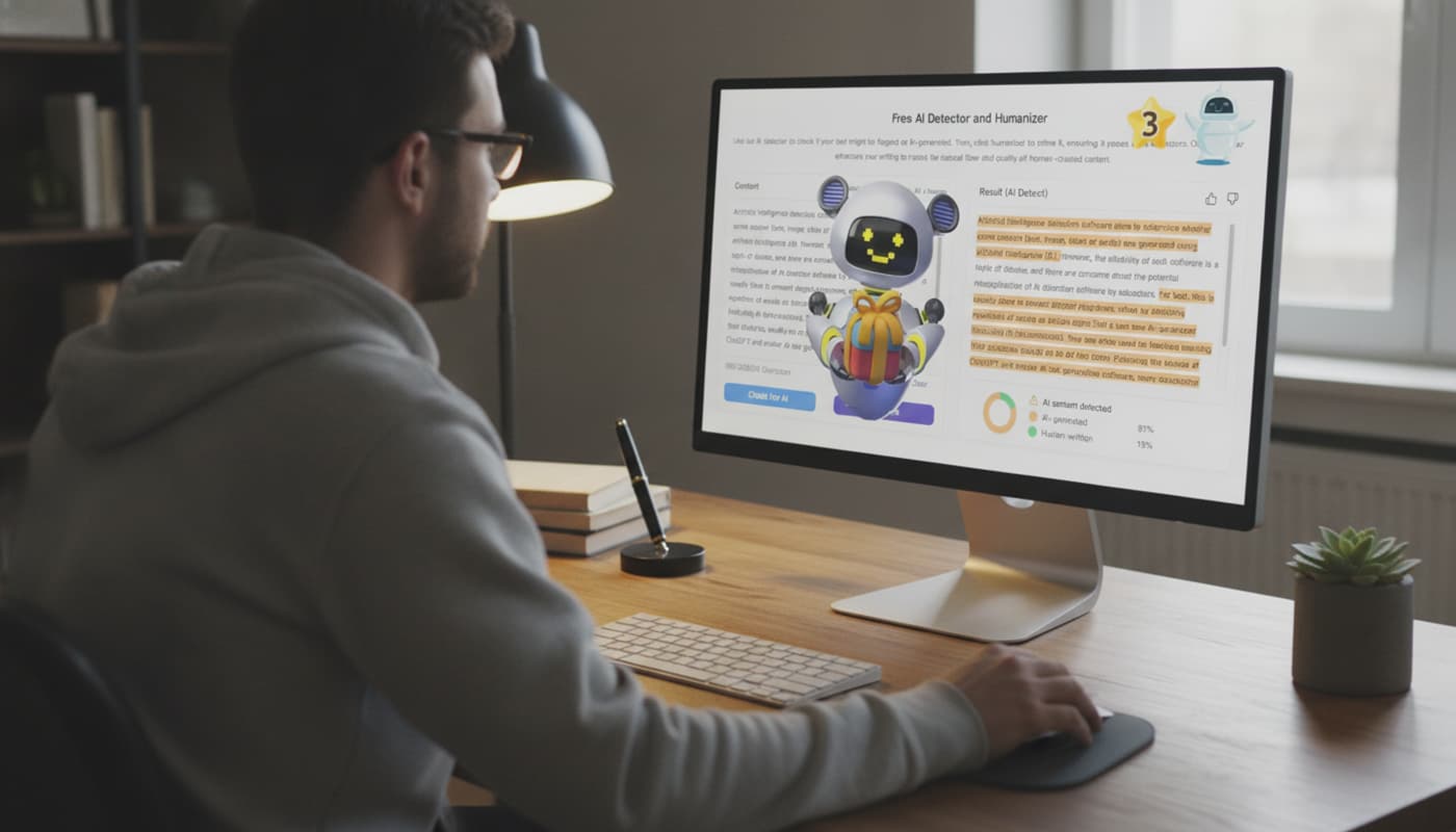 Vue par-dessus l'épaule d'un utilisateur examinant un PDF avec MyDetector AI Detector sur un moniteur, passages de texte IA surlignés, bureau organisé avec papeterie.