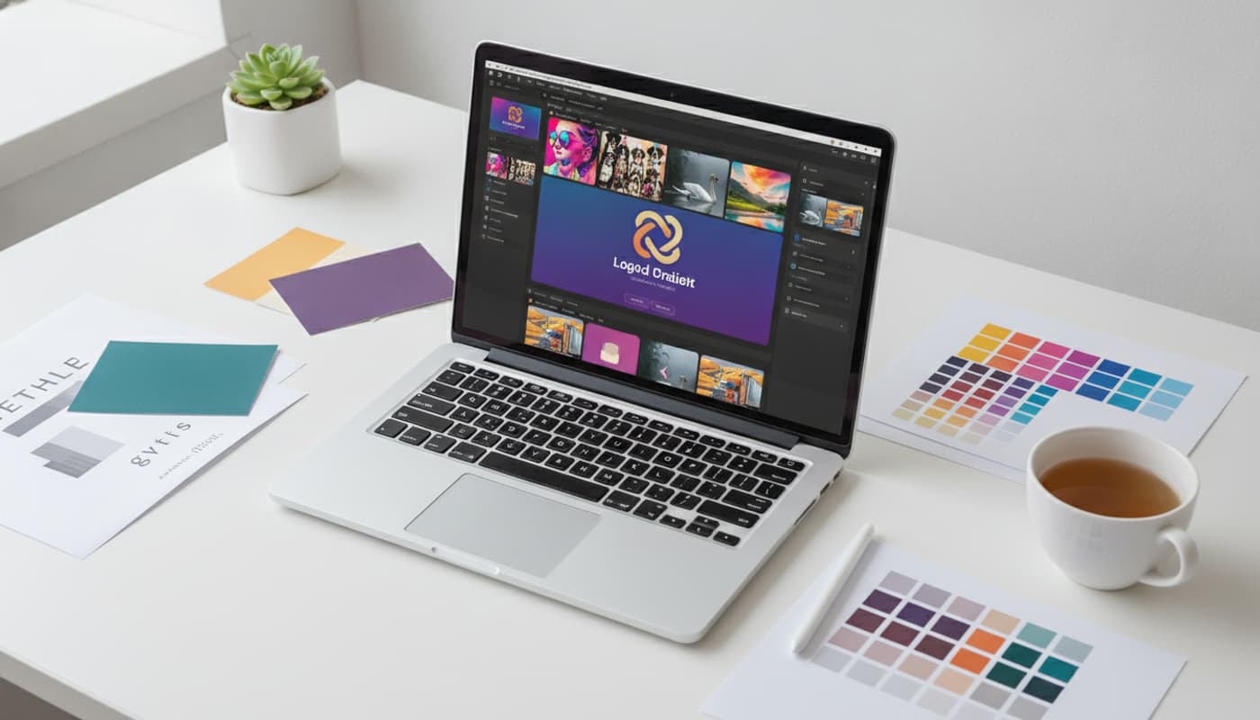 Un ordinateur portable ouvert sur une interface de design graphique est entouré de palettes de couleurs et de feuilles de typographie sur un bureau baigné de lumière naturelle.