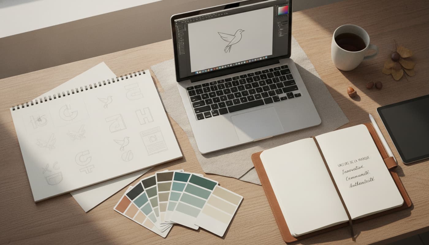 Un bureau de travail vu de dessus présente un ordinateur portable, des croquis de logos, des nuanciers de couleurs et un carnet de notes sous une lumière naturelle.