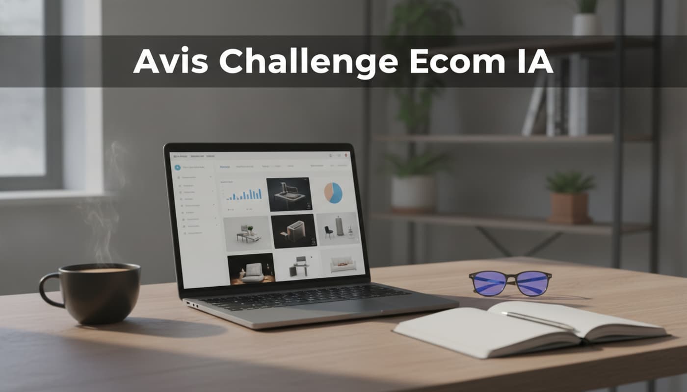 Un bureau moderne avec un ordinateur portable affichant des analyses e-commerce et des images de produits générées par IA, une tasse de café et un carnet à proximité, et le texte 'Avis Challenge Ecom IA' en surimpression.