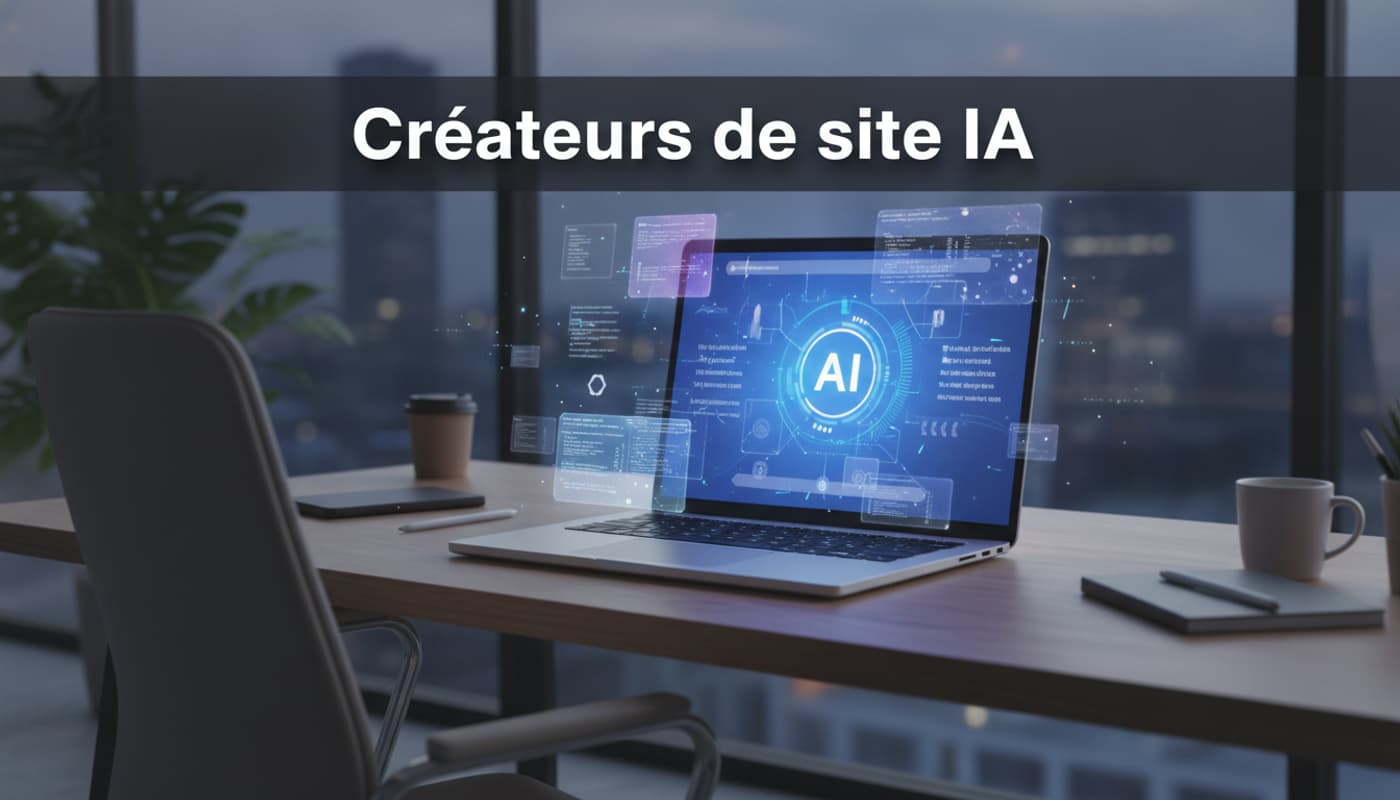 Un ordinateur portable ouvert sur un bureau moderne affiche une interface lumineuse de création de site internet par intelligence artificielle, avec des éléments de code holographiques flottant au-dessus du clavier et le texte Créateurs de site IA superposé.