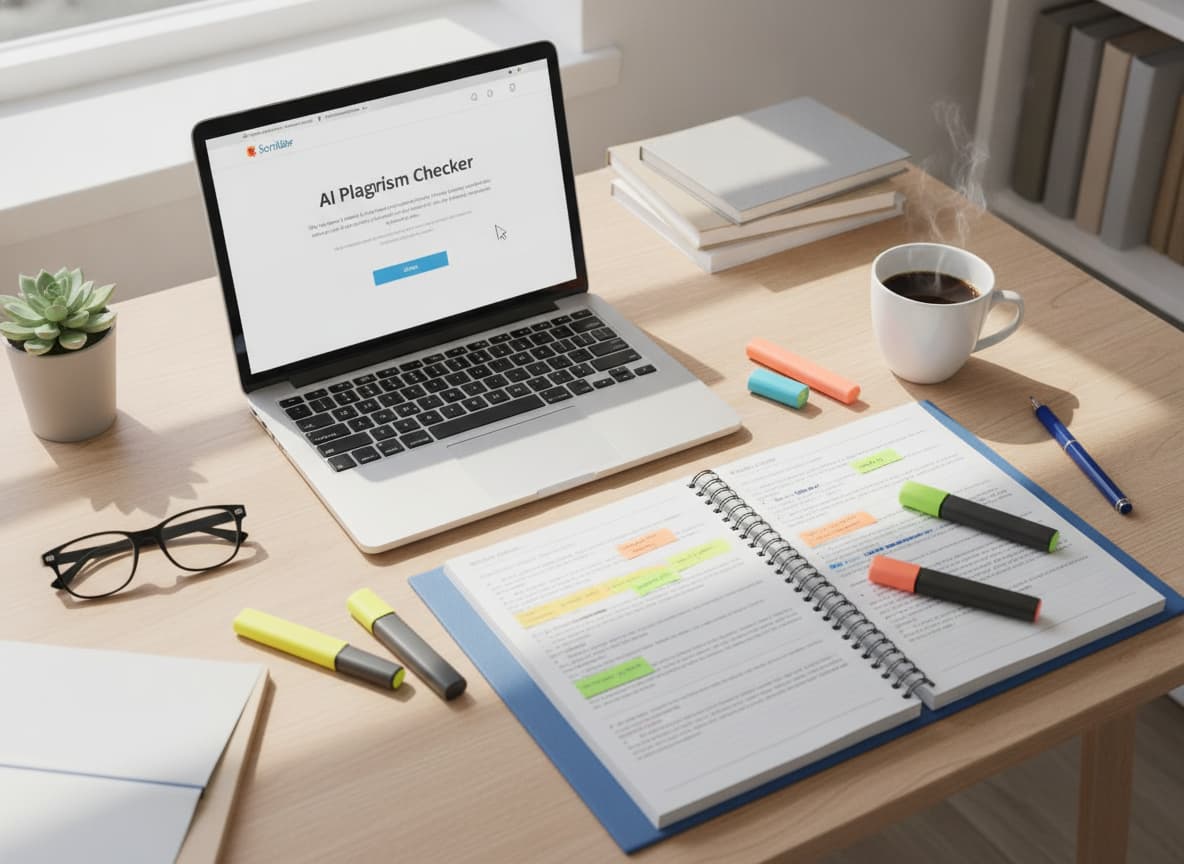 Vue aérienne d'un bureau lumineux avec un ordinateur portable affichant le vérificateur IA de Scribbr, un brouillon de thèse imprimé et des surligneurs.