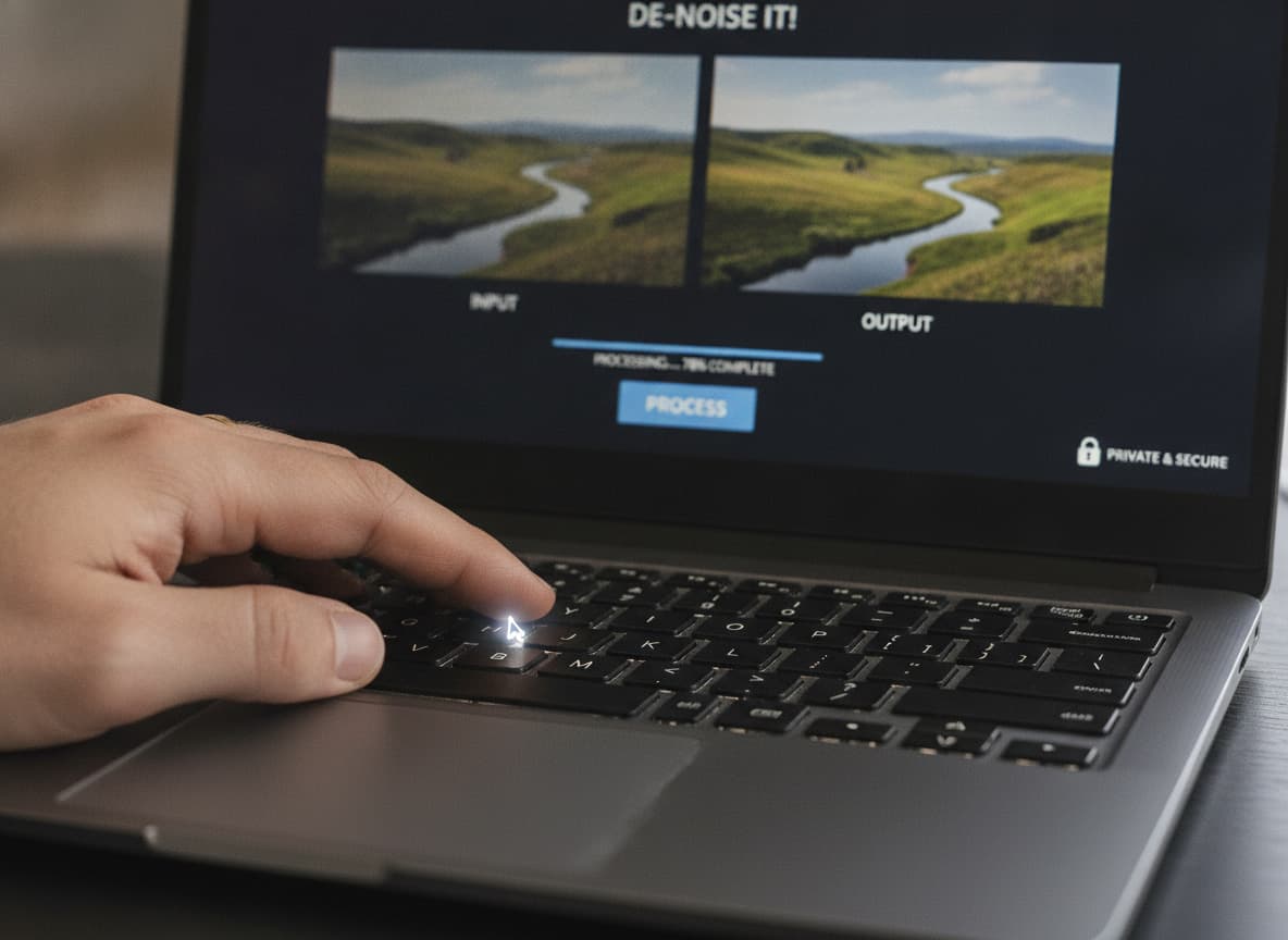 Une main d'utilisateur repose près du pavé tactile d'un ordinateur portable affichant une interface web qui transforme une image pixelisée en une photographie nette.