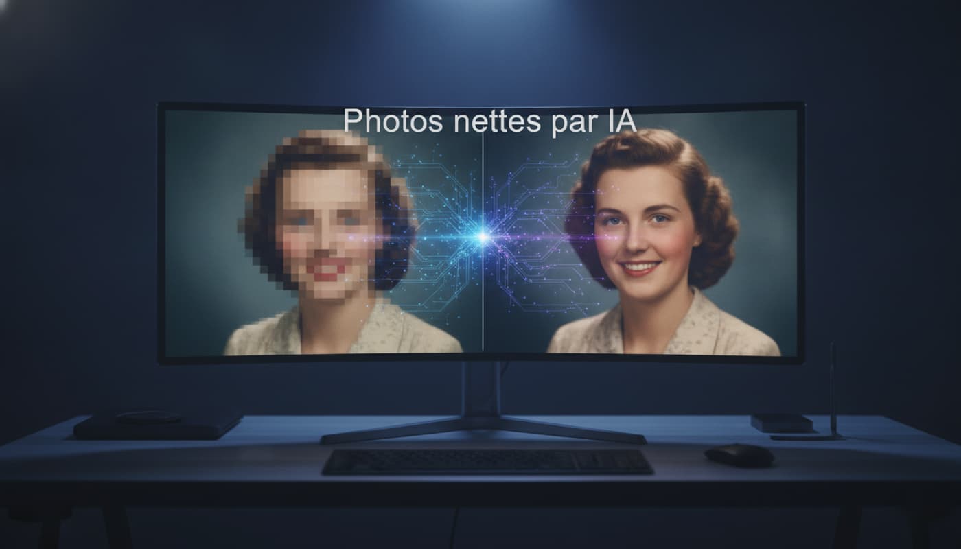 Comparaison en écran partagé d'un portrait vintage flou et pixelisé à gauche avec sa version restaurée nette à droite, reliées par des lignes de réseau neuronal numérique brillantes, devant un bureau sombre à l'éclairage cinématographique, texte superposé 'Photos nettes par IA' avec ombre portée.