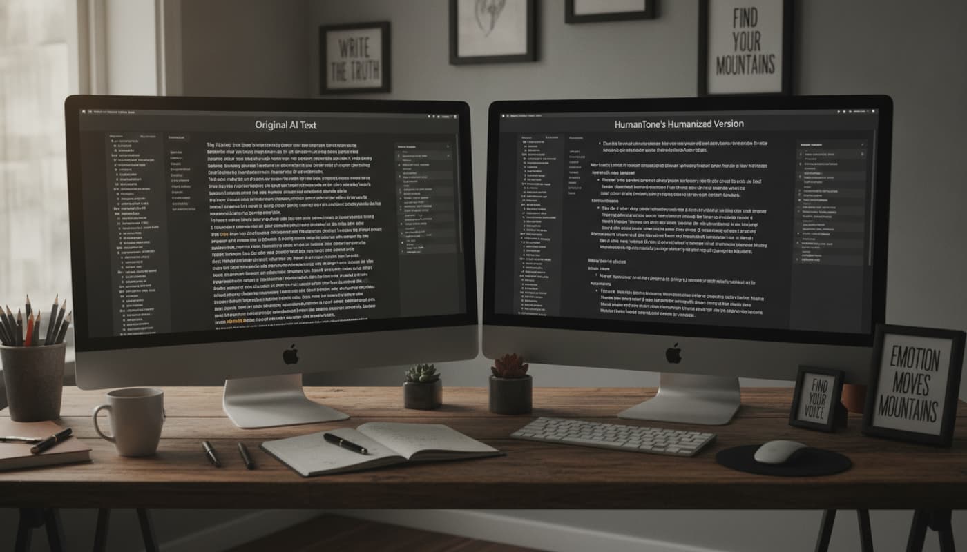 Deux moniteurs sur un bureau de travail affichent une comparaison de textes numériques à côté de carnets et de citations inspirantes.