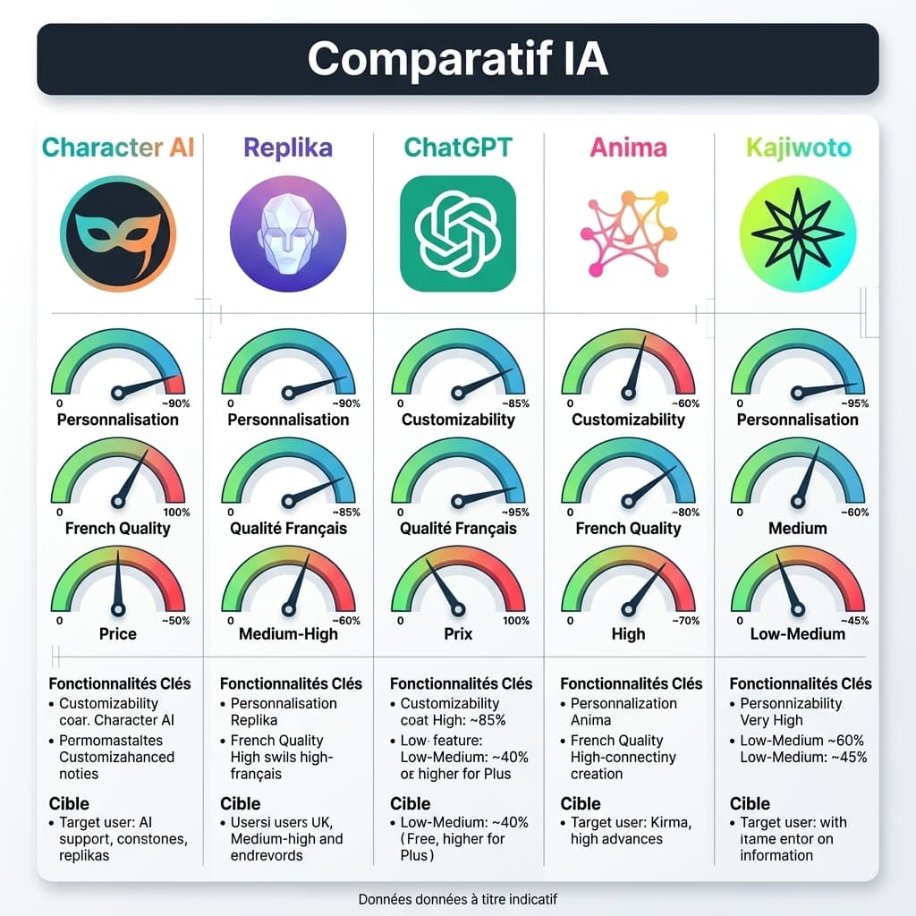 Un tableau comparatif moderne sur fond blanc présente les icônes de Character AI, Replika, ChatGPT, Anima et Kajiwoto avec des jauges de notation colorées et un bandeau sombre affichant le texte Comparatif IA.