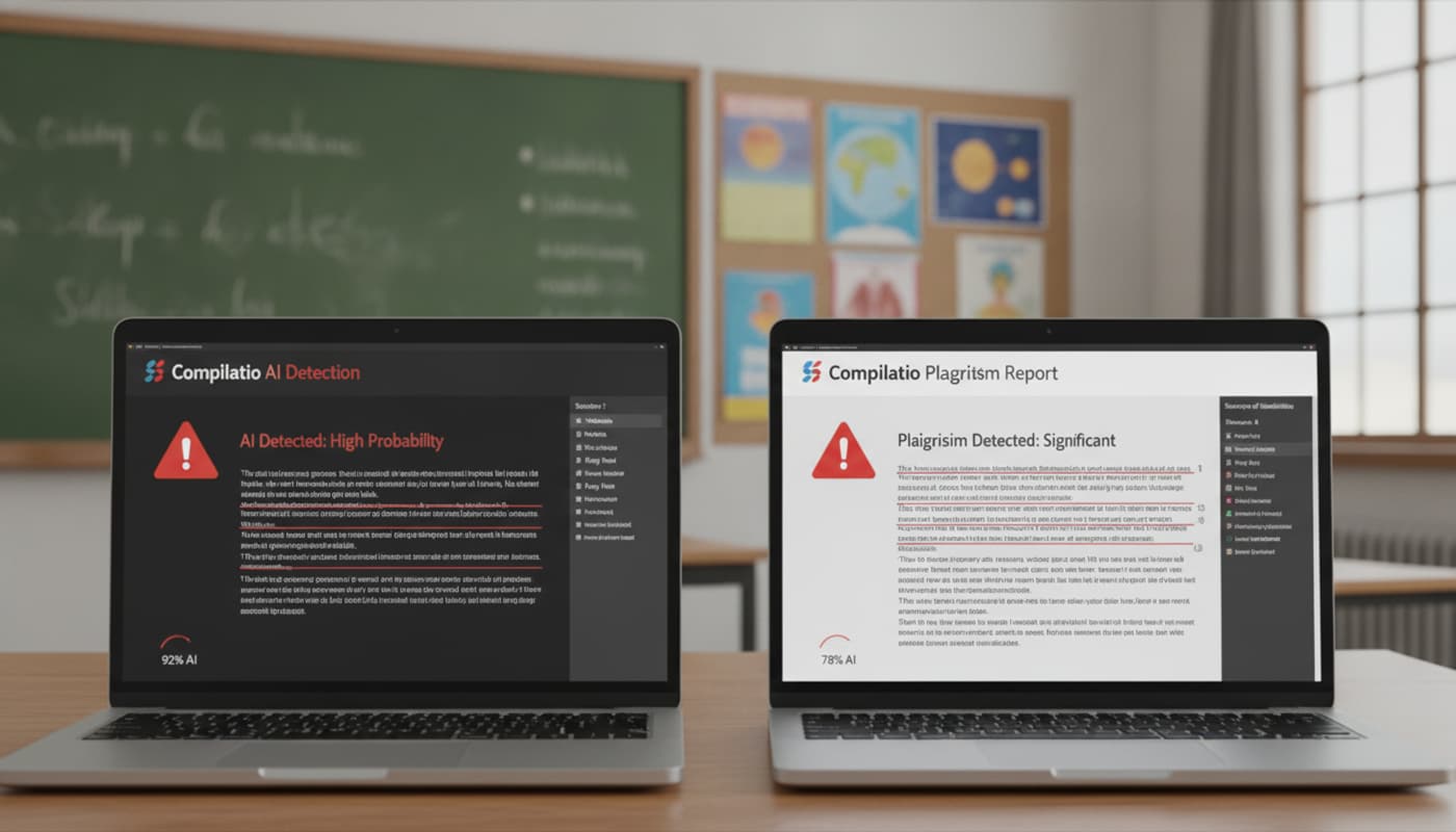 Un écran d'ordinateur sur un bureau affiche simultanément un rapport de détection d'IA et un rapport anti-plagiat Compilatio dans une salle de classe avec un tableau noir en arrière-plan.