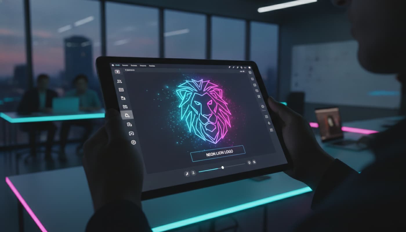 Mains tenant une tablette affichant une application de création de logo, avec un emblème néon brillant en cours de génération sur fond d'espace de coworking moderne aux lumières cyan et magenta.