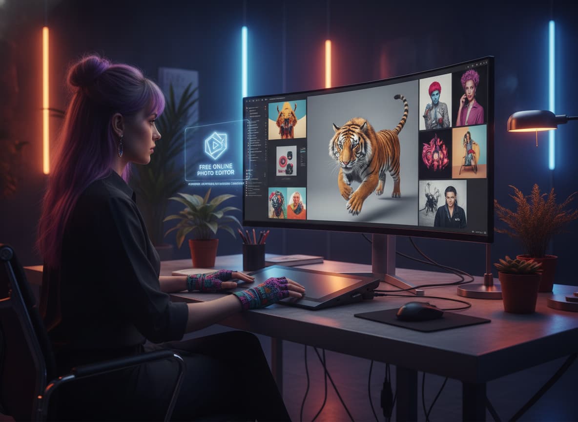 Un graphiste analyse sur un moniteur professionnel une image aux contours nets dont l'arrière-plan a été retiré dans un studio moderne éclairé par des lumières d'ambiance colorées.